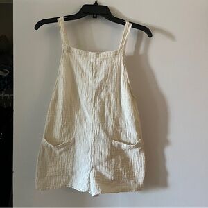 Cream Textured Cotton Beach Romper with Pockets